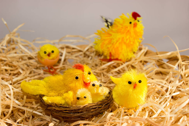 Húsvéti dekorációk - csirke és tyúk a szalma - Fotó, kép
