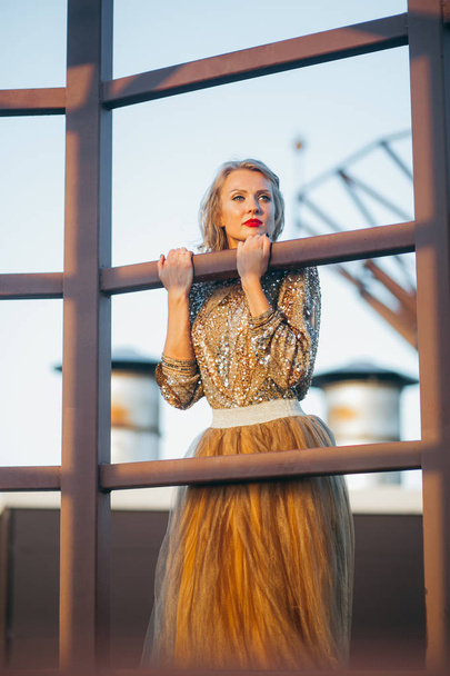 Elegant woman  wearing golden  dress and posing  on the roof - Foto, imagen