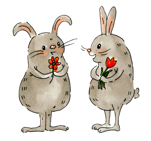 Aquarel tekenen van een schattige konijntjes met bloemen geïsoleerd op een witte achtergrond. Handgetekende illustratie.  - Foto, afbeelding