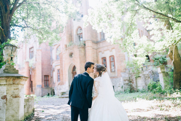 Wedding couple kissing  near the old amazing castle - Foto, Imagen
