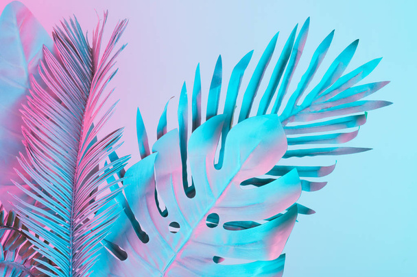 Tropikalnych i palm pozostawia w żywe odważne kolory holograficznego gradientu. Koncepcja sztuki. Minimalne surrealizm. - Zdjęcie, obraz