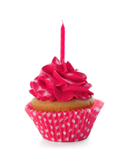 Birthday cupcake with candle on white background - Фото, зображення