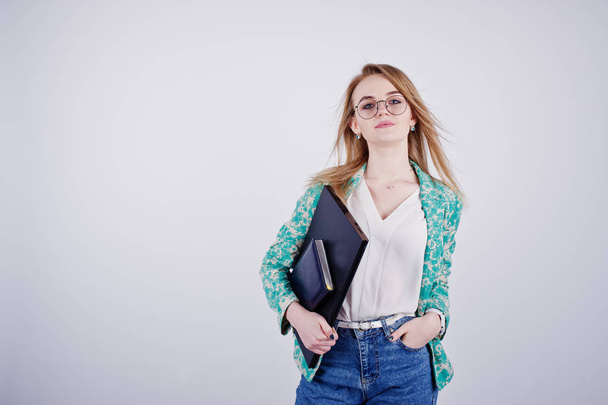Stylish blonde girl in jacket and jeans at glasses with notebook - Fotoğraf, Görsel