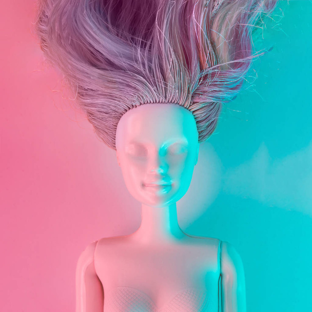 Girl doll painted in white with vibrant bold gradient holographic lights. Concept art. Minimal surrealism. - Foto, afbeelding