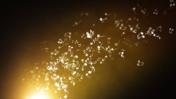 Floating musical notes on an abstract gold background with flares 3d illustration - Photo, Image
