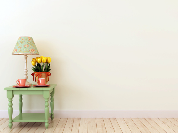 Mesa auxiliar verde con la decoración en el interior
 - Foto, Imagen