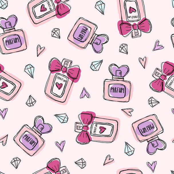 Seamless pattern with perfume bottles crystals and hearts. Colorful hand drawn illustration. Pink background. - Vektor, kép