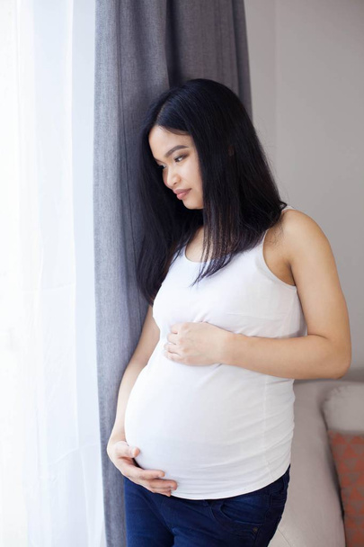 Linda jovem mulher grávida asiática em pé junto à janela e tocando sua barriga. Gravidez. Saúde. Maternidade. Um retrato acolhedor de uma mulher grávida. Aconchegante
. - Foto, Imagem