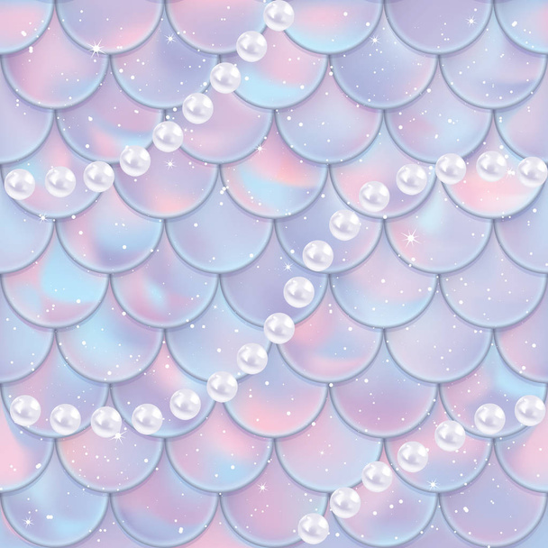 Fish scales and pearls seamless pattern. Mermaid tail texture. Vector illustration - Διάνυσμα, εικόνα