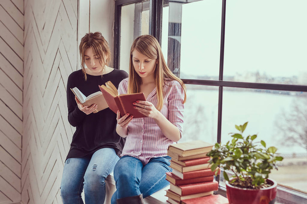 Due giovani studentesse leggono libri seduti su un davanzale della finestra
  - Foto, immagini