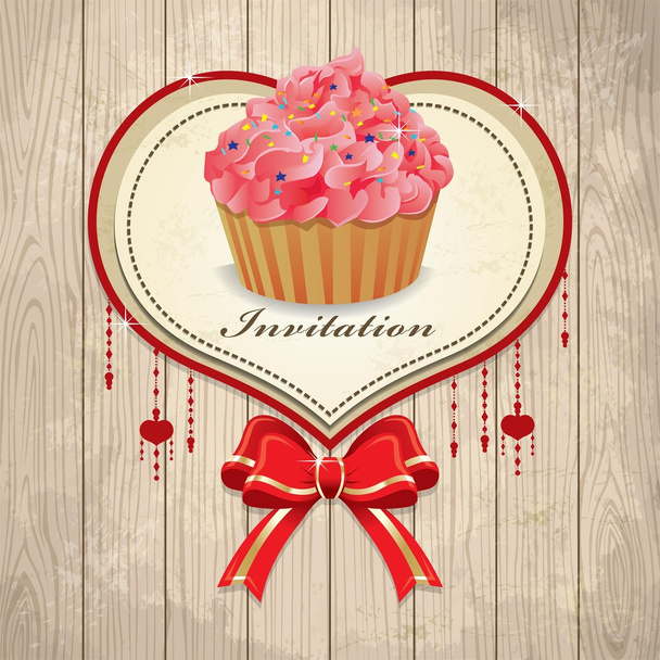 Vintage valentine frame with cupcake, ribbon - Vecteur, image