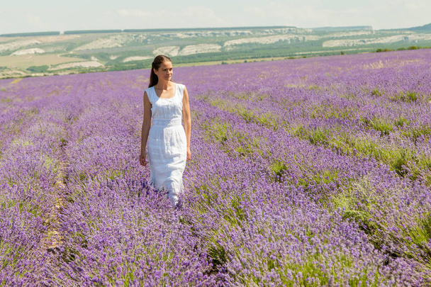 A girl is walking in a lavender field - Foto, Bild