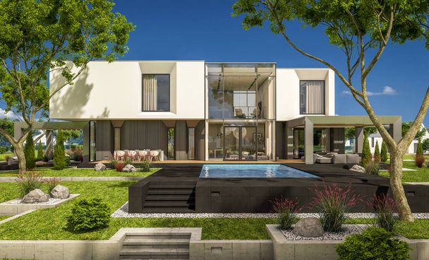 3D-Rendering des modernen Hauses im Garten - Foto, Bild