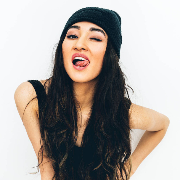Happy brunette Girl. Smile and fashion vibes - 写真・画像