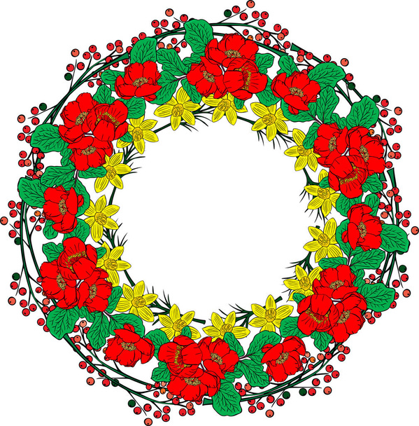 wreath of red peonies, yellow daffodils and green leaves - Vektor, Bild