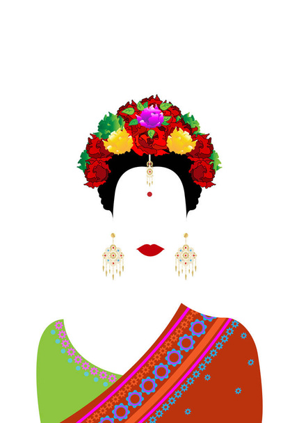 Vector portrait of an Indian woman with colorful flowers and traditional gold jewelry. An Indian Bengali woman wearing a traditional beautiful Banarasi Silk Saree. Vector isolated or white background  - Вектор,изображение