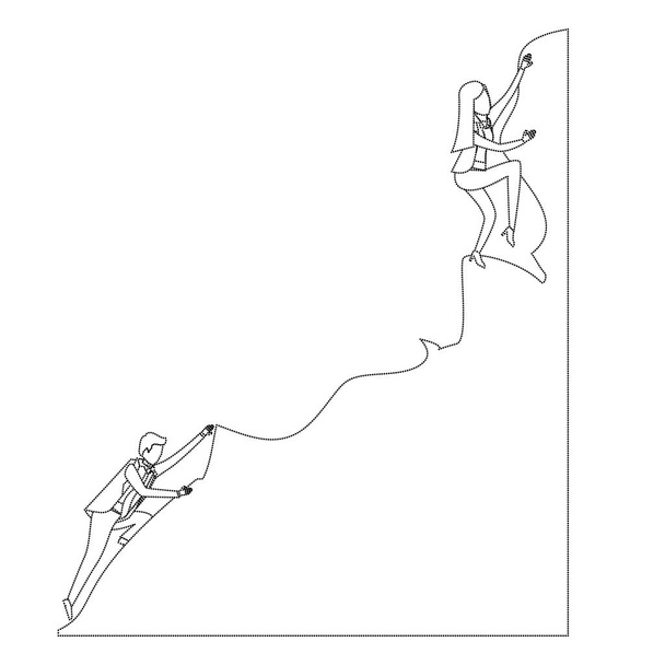üzleti nő és férfi próbál mászni a csúcsra a rock fekete-fehér sziluettjét pontozott - Vektor, kép