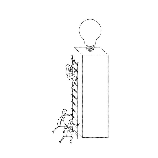 деловые женщины поднимаются по деревянной лестнице в большой прямоугольный блок с лампочкой в верхней монохромной силуэт пунктир
 - Вектор,изображение