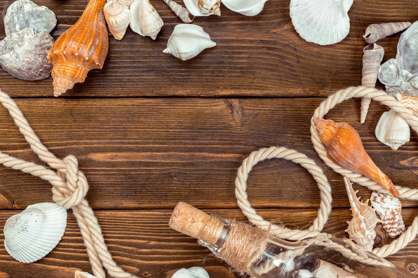 Seashells border on wood. Marine background. - Φωτογραφία, εικόνα