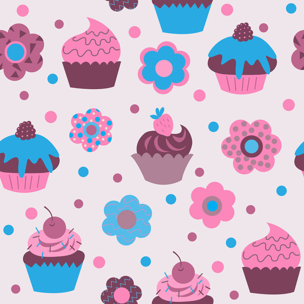 Seamless pattern of cute cupcakes with flowers - Διάνυσμα, εικόνα