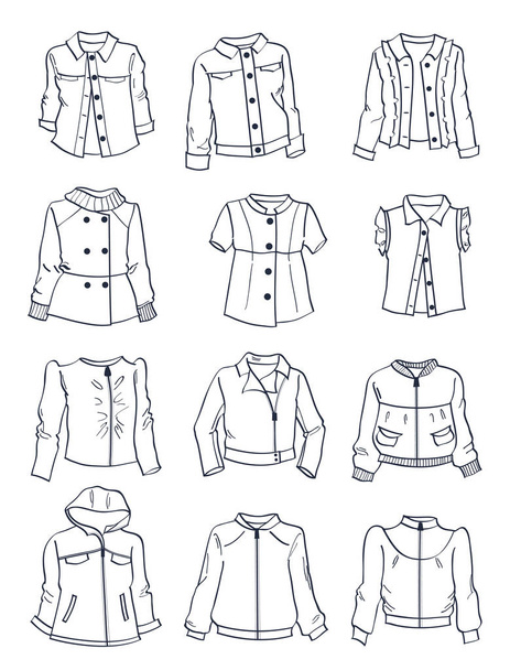 Contornos de jaquetas para meninas, modelos diferentes, estilos clássicos, casuais e esportivos, isolados no fundo branco
 - Vetor, Imagem