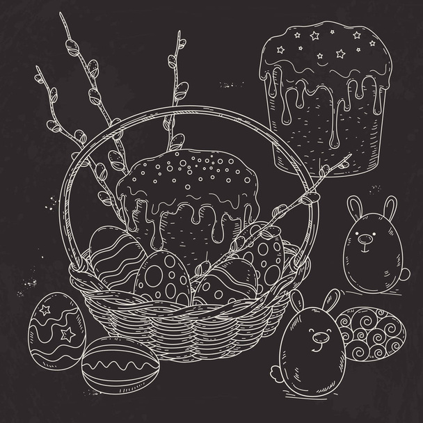 πολύχρωμα εικονίδια, ορίστε Πάσχα, τούρτα Πάσχα με ζωγραφισμένα αυγά και διακόσμηση με κλαδιά ιτιάς - Διάνυσμα, εικόνα