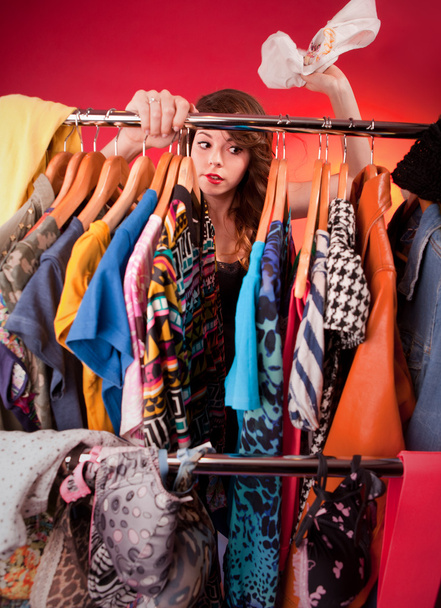 Nothing to wear concept, young woman deciding what to put on - Foto, Imagem