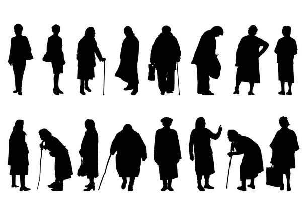 silhouettes of elderly women in different movements - Vector, Image