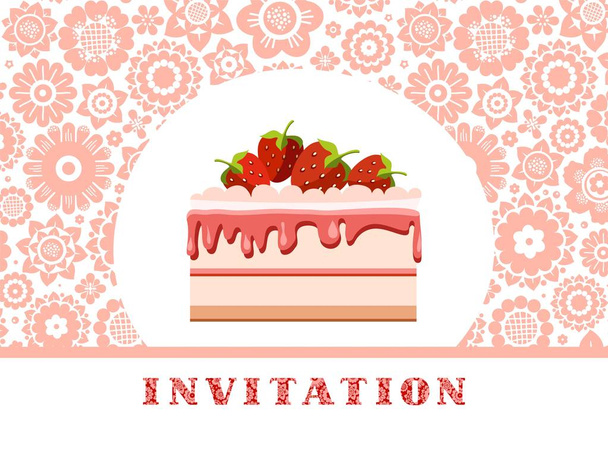 Φράουλα τούρτα, λευκό ροζ, floral φόντο, πρόσκληση, φορέα. Πρόσκληση για τα γενέθλιά, γάμο. Διακοπές, μια οικογενειακή γιορτή. Κέικ με φράουλες, σε ένα λουλουδάτο φόντο. Ροζ λουλούδια σε λευκό πεδίο. Διανυσματική εικόνα. Αγγλικά.  - Διάνυσμα, εικόνα
