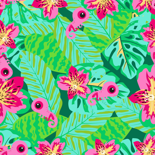 floral pattern with chameleon - Vector, Imagen