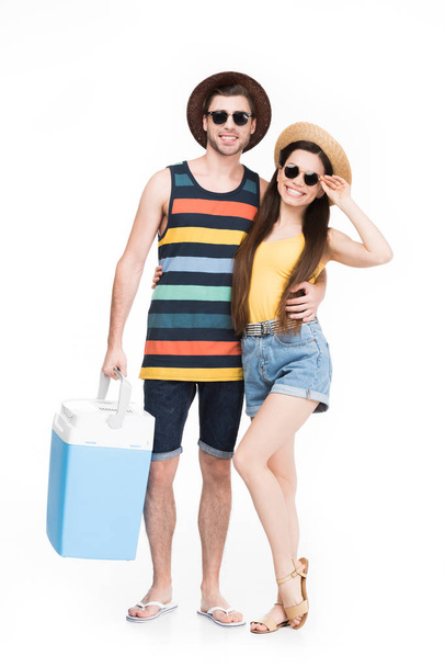 happy couple with cooler box, isolated on white - Фото, изображение