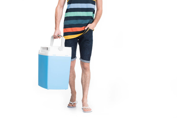 cropped view of man holding cooler box, isolated on white - Φωτογραφία, εικόνα