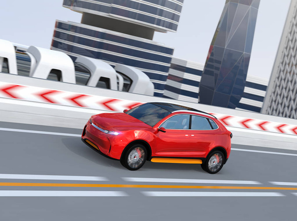 SUV eléctrico autónomo rojo metálico que conduce en la carretera. Imagen de renderizado 3D
.  - Foto, imagen