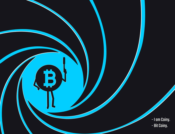 Kryptowährung Bitcoin im Kreis der Barrel-Vektor-Illustration. Geheimagent, Detektiv, Spion bisschen coiny Charakter mit einer Pistole flachen Stil Illustration - Vektor, Bild