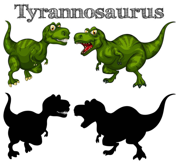 Tyrannosaurus und Silhouette auf weißem Hintergrund - Vektor, Bild