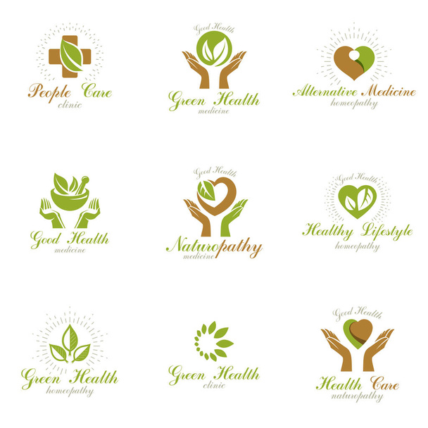 白い背景の上の緑の健康考えロゴのセット - ベクター画像