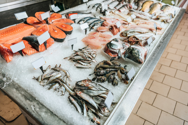 close up view of arranged raw seafood in supermarket - Foto, Imagem