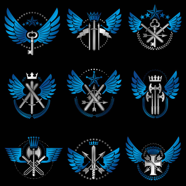 Set of vintage weapon emblems on black background - Vector, Imagen