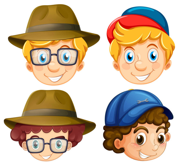 Cztery twarze chłopcy noszenia kapeluszy - Wektor, obraz