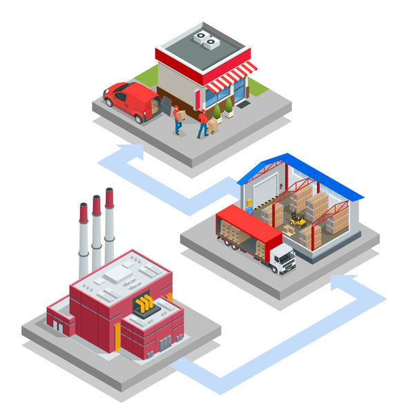 Isometric Waste Processing Plant. Technological process. Truck transporting trash to recycling plant. Production new goods from recicled materials. - Διάνυσμα, εικόνα