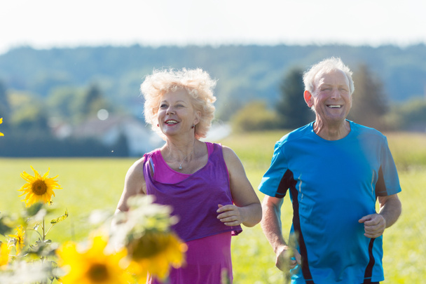 Alegre pareja mayor con estilo de vida saludable trotando juntos al aire libre en el campo en verano
 - Foto, Imagen
