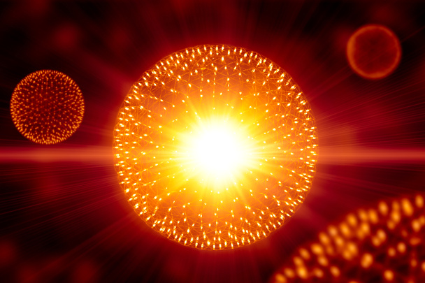 Modelo CG forma de estructura de Núcleo Átomo Bomba nuclear de explosión emite radiación de rayos X o inyección de luz de campos magnéticos y partículas de la física nano nuclear púlsar central ciencia
. - Foto, Imagen