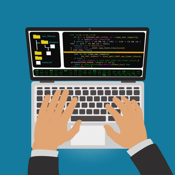 O programador desenvolve um código de programa no ambiente de desenvolvimento integrado do editor
. - Vetor, Imagem