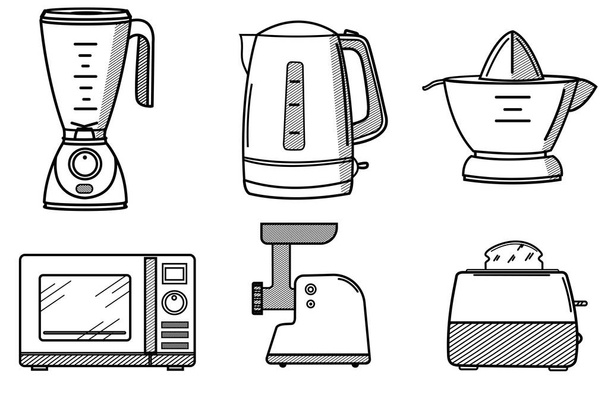 Set of kitchen appliances in the style of line art. - Вектор,изображение