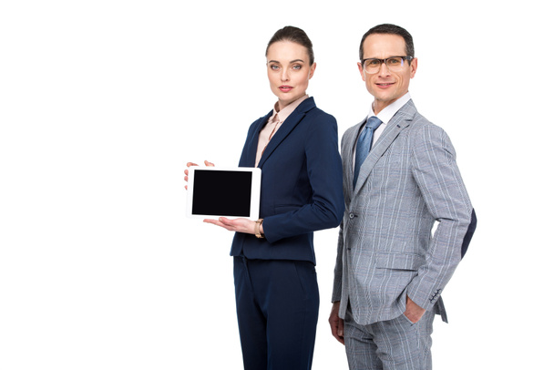 adult business colleagues showing blank digital tablet isolated on white - Fotografie, Obrázek