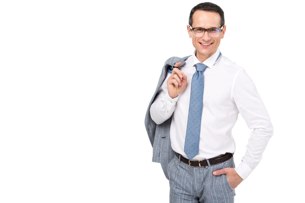 handsome adult businessman with jacket on shoulder isolated on white - Φωτογραφία, εικόνα