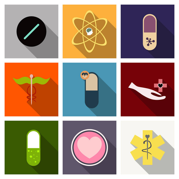 Geneeskunde, farmacie, ziekenhuis set van drugs met labels. Medicatie, farmacie concept. Vectorillustratie - Vector, afbeelding