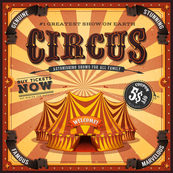 Retro vertical circus poster background, with marquee, big top, elegant titles and grunge texture for arts festival events and entertainment background - Vector, Image