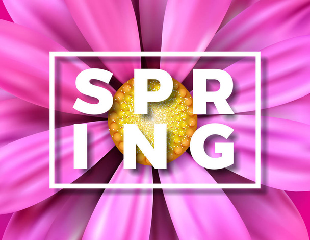 Ilustración de primavera vectorial con hermosa flor colorida sobre fondo rosa. Plantilla de diseño floral con carta de tipografía para tarjeta de felicitación o banner promocional. - Vector, Imagen
