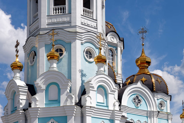 Detail view of the orthodox temple of saint Alexander in city Kharkiv (Ukraine). Temple in a bright sunny summer day on a blue sky background. - Photo, image
